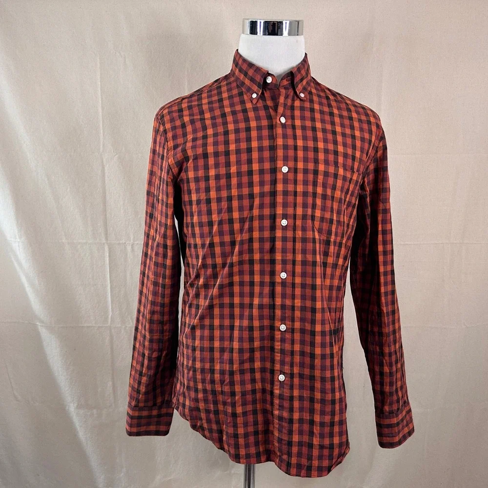 J. Crew Medium Slim Secret Wash Shirt Orange Gingham Stretch Button Down Mens